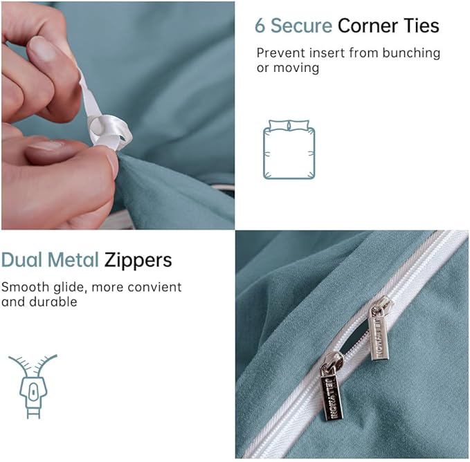 JELLYMONI Cotton Duvet Cover Queen Size - 100% Washed Cotton Linen Like Textured Comforter Cover, 3 Pieces Breathable Soft Bedding Set with Zipper Closure (Grayish Blue, Queen 90"x90")