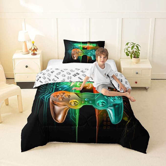 Feelyou Gamer Comforter Kids Gaming Video Game Comforter Set for Boys Teens Noverlty Modern Gamepad Bedding Set Breathable Gamer Console Bedding Duvet Set Bright Orange Green Room Decor Twin Size