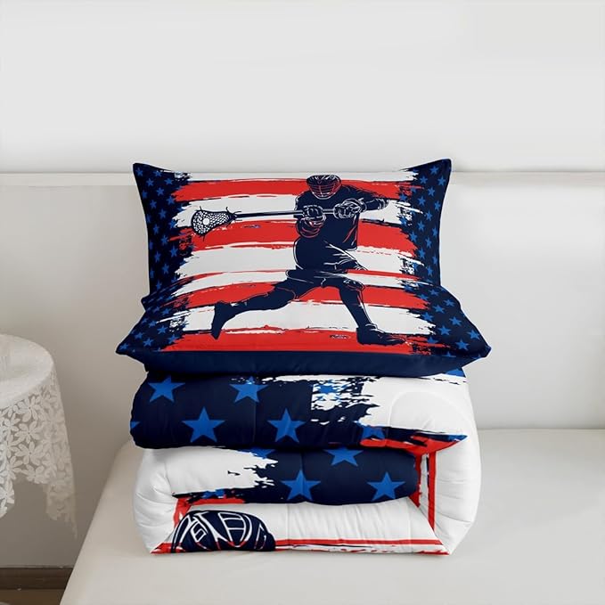 Feelyou Lacrosse Comforter Set Queen Size Boys Gilrs American Flag Sports Theme Bedding Set for Kids Adults Ultra Soft Lacrosse Player Games Comforter Navy Blue Duvet Set Room Decor Quilt Set