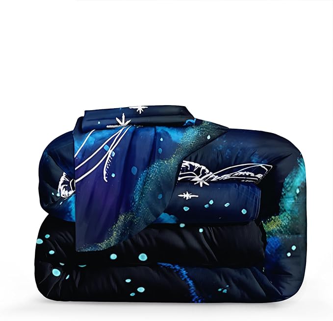 Bedbay Blue Galaxy Bedding Comforter Set Queen Size,Jellyfish Print Ocean Theme Bedding Set,Soft Microfiber Starry Sky Stars Boys Girls Bedroom Quilted Comforter 4 Pieces for All Seasons