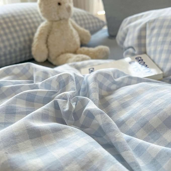 Nayoroom Gingham Duvet Cover King Size Blue White Plaid Checkered Comforter Cover 3 Pcs Soft Breathable Washed Microfiber Grid Farmhouse Bedding Set with Pillow Shams