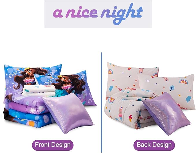 A Nice Night Mermaid Wearing Starfish Hair Accessory Queen Comforter Set for Girls, Ocean Theme Queen 6-Piece Bed in a Bag with Sheet Set & Pillowcases