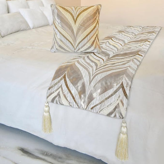 The HomeCentric King/Queen/Twin Ivory Luxury CA King 86"x18" Bed Runner with One Pillow Cover, Bead Hand Embroidery Bed Scarf on Jacquard Fabric - Clarissa Serene
