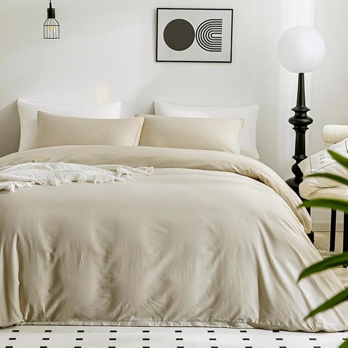 JELLYMONI Cotton Duvet Cover Queen Size - 100% Washed Cotton Linen Like Textured Comforter Cover, 3 Pieces Breathable Soft Bedding Set with Zipper Closure (Light Khaki, Queen 90"x90")