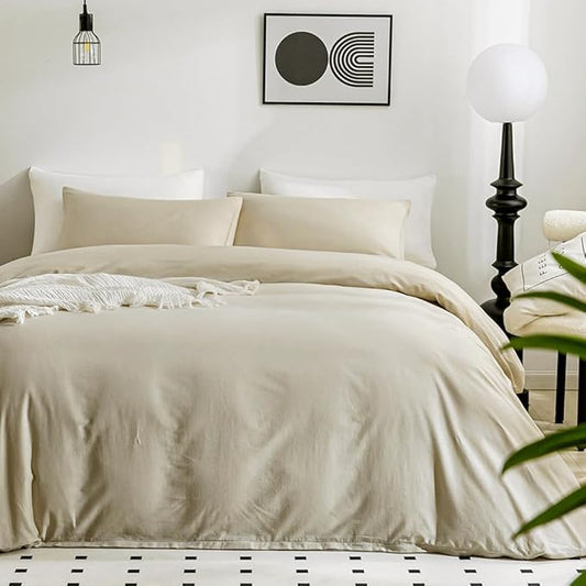 JELLYMONI Cotton Duvet Cover Queen Size - 100% Washed Cotton Linen Like Textured Comforter Cover, 3 Pieces Breathable Soft Bedding Set with Zipper Closure (Light Khaki, Queen 90"x90")