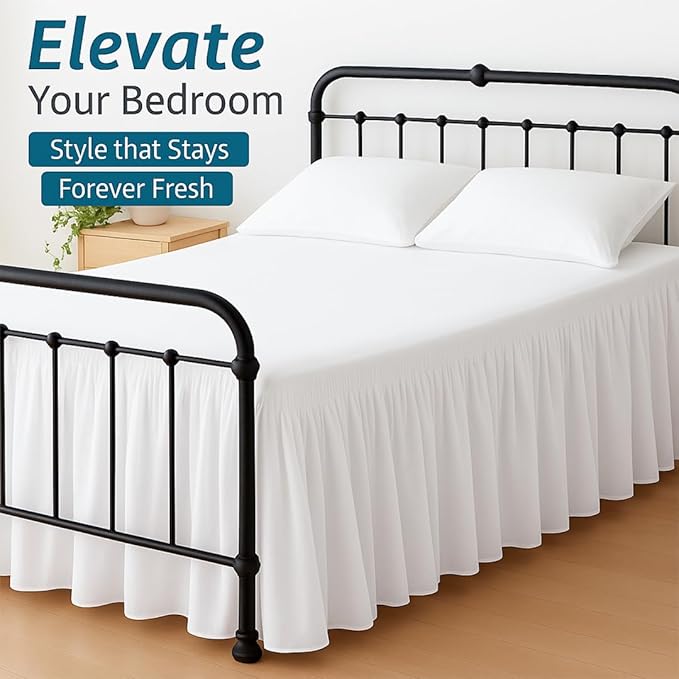 Shreem Linen Ruffled Bed Skirt with Split Corners, Gathered Style, 100% Microfiber, 30-Inch Drop, Dust Ruffle Bedskirt with Platform, King, White