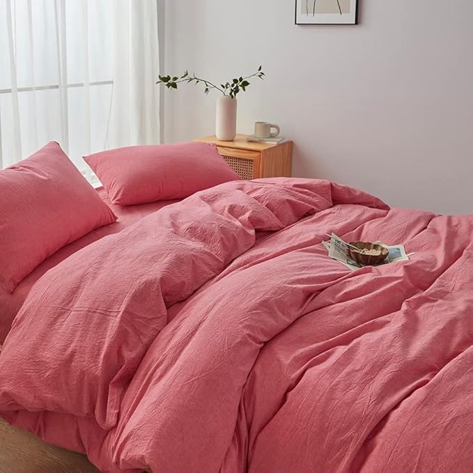 FACE TWO FACE Bedding Duvet Cover Set 3 Pieces 100% Washed Cotton Duvet Cover Linen Like Textured Breathable Durable Soft Comfy (California King, Red)