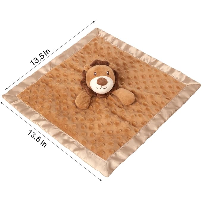 Baby Security Blanket Lion Soft Minky Dot Fabric with Silky Satin Backing Snuggle Toy Animal Blanket for Infant and Toddler Brown 13.5 Inch
