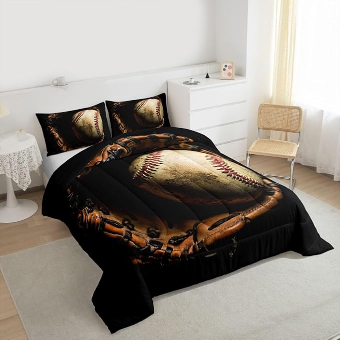 Erosebridal Baseball Comforter Set Queen Size Sports Game Bedding Baseball Player Duvet Insert for Kids Boys Teens Retro Style Quilt for Room Dorm Decorative, Brown Down Comforter