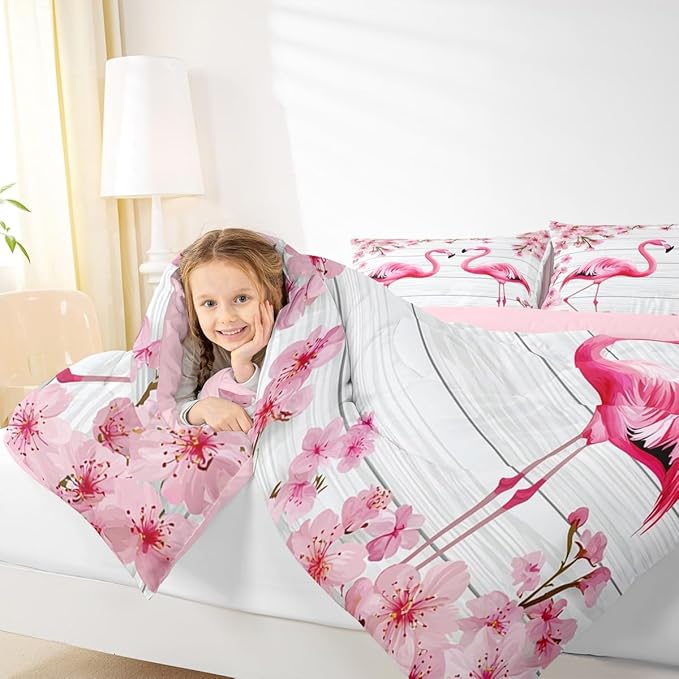 Erosebridal Flamingo Bedding Set Full,Cherry Blossoms Comforter Set for Girls Teens Women,Pink Tropical Bird Animal Comforter Flower Rustic Wooden Board Quilt Duvet Sets with 2 Pillow Cases