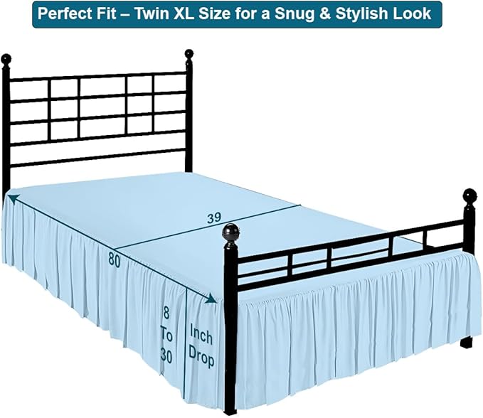 Shreem Linen Ruffled Bed Skirt with Split Corners, Gathered Style, 100% Microfiber, 8-Inch Drop, Dust Ruffle Bedskirt with Platform, Twin-XL, Light Blue