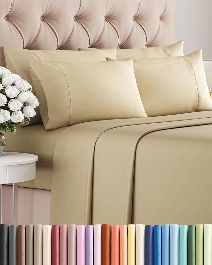 King 6 Piece Sheet Set - Comfy Breathable & Cooling - Ultra Soft Hotel Luxury Bedding Set with 8-16 Inch Deep Pockets - 1 Flat & 1 Fitted Sheet & 4 Pillowcases - Cozy, Wrinkle Free & Easy Care - Beige