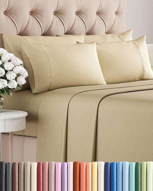 Cal King 6 Piece Sheet Set - Comfy Breathable & Cooling - Ultra-Soft Hotel Luxury Bedding Set with 8-16 Inch Deep Pockets - 1 Flat & 1 Fitted Sheet & 4 Pillowcases - Wrinkle Free & Easy Care - Beige