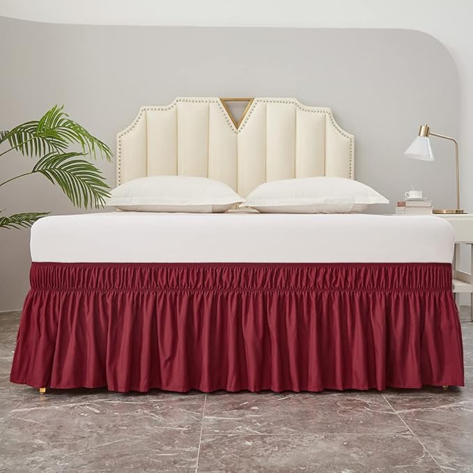 MEILA Wrap Around Bed Skirt Three Fabric Sides Elastic Dust Ruffled 24 Inch Tailored Drop,Easy to Install Fade Resistant-Burgundy, Queen/King