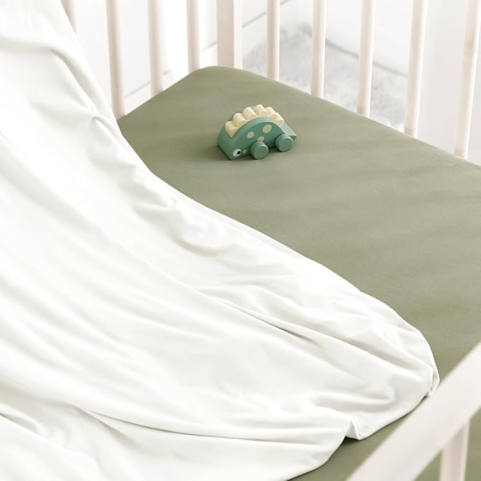 GRSSDER Jersey Crib Sheets for Boys and Girls, Stretchy Ultra Soft Crib Fitted Sheets Set 2 Pack, Universal Fit All Standard Crib Mattress Pads Safe and Snug, Natural White/Sage