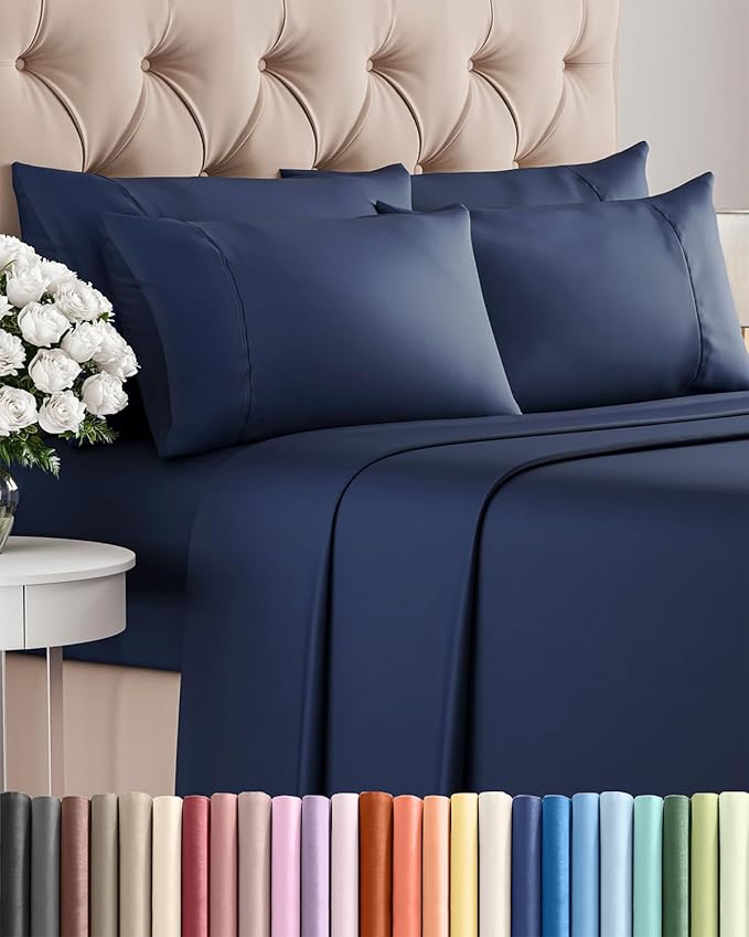 King 6 Piece Sheet Set - Comfy Breathable & Cooling - Ultra-Soft Hotel Luxury Bedding Set with 8-16 Inch Deep Pockets - 1 Flat & 1 Fitted Sheet & 4 Pillowcases - Wrinkle Free & Easy Care - Navy Blue