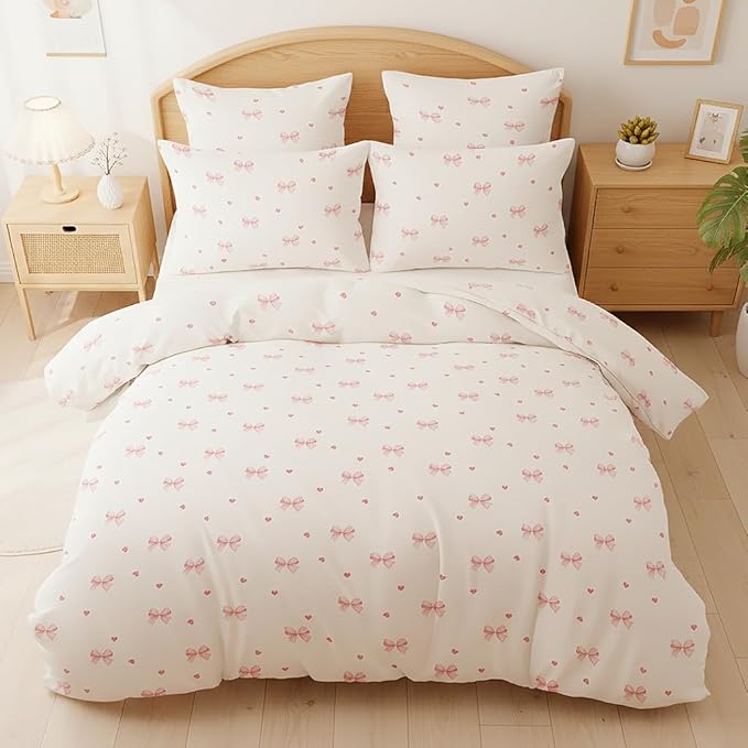 Nayoroom Pink Bow Duvet Cover Full Size Coquette Pink Heart Duvet Cover 3 Pieces Soft Lightweight Microfiber Kids Girls Cute Aesthetic Dorm Bedding Set