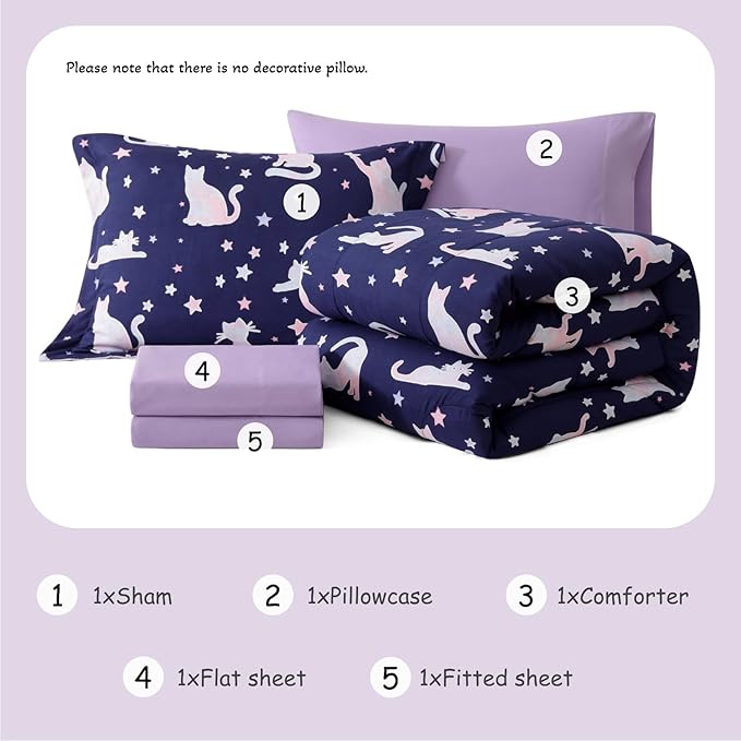 Twin Comforter Set for Girls, Kids - 5 Pieces Cute Cat Patterns Twin Bedding Sets for Girls Boys Teen, Soft Cozy Bed in A Bag with Sheets