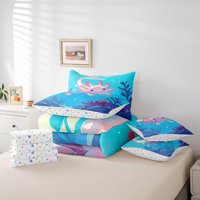Feelyou Kids Cute Axolotl Bed in A Bag King Size, Cartoon Salamander Comforter Set with Sheets Ocean Sealife 7 Pieces Bedding Set Boys Girls Kawaii Animal Teens Bed Set Bedroom Decor 7Pcs
