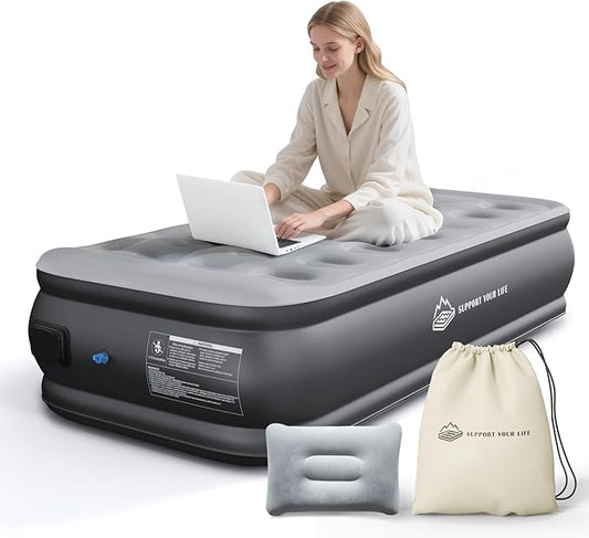 Twin Air Mattress with Built in Pump, 18" Upgraded One-Touch Inflatable Airbed for Home, Camping Guests, Portable Blow Up Mattress, 440lbs Capacity