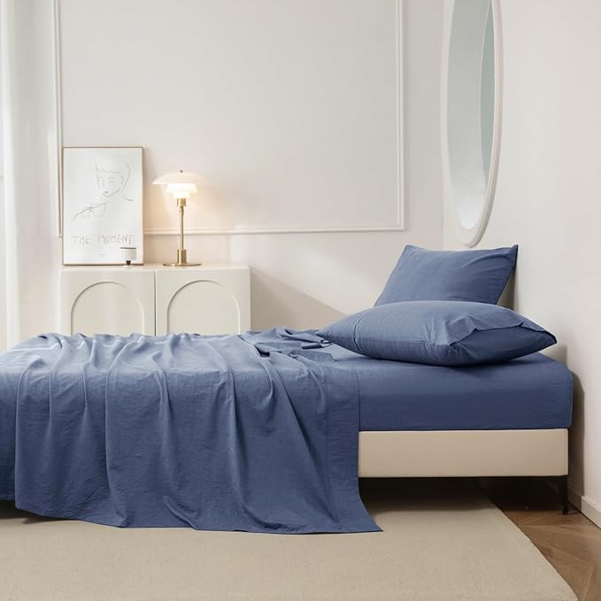 JIYUAN 100% Washed Cotton Sheet Set 4 Pieces Full,1 Fitted Sheet,1 Flat Sheet and 2 Pillowcases,Comfy and Breathable Linen Like Bedding Set,Heathered Blue