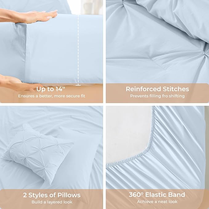 Sasttie Full Size Comforter Set, 7-Piece Bed in a Bag, Pintuck Bedding Sets for All Season, Includes Comforter, Flat Sheet, Fitted Sheet, Pillowcases and Pillowshams, Light Blue