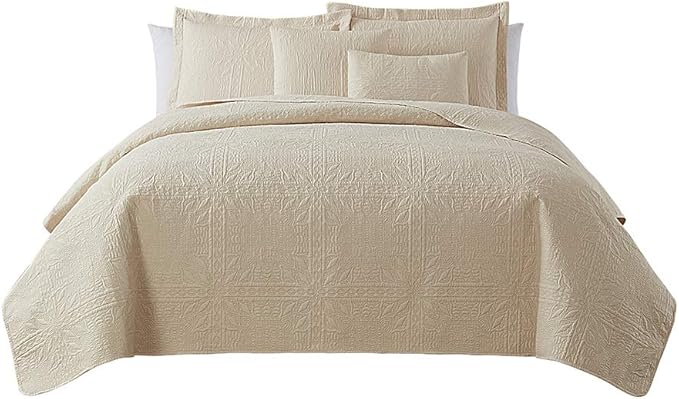 Hearth & Harbor Quilts Queen Size - All Season Bedspread Coverlet Set, Pinsonic Weave Lightweight Bedding Set - 7 Piece Queen Quilt Set with Pillow Shams, Grid - Cream