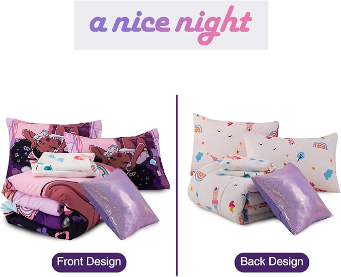 A Nice Night Purple Comforter Sets,Black Girl Listening Music Printed, 6Pcs Bed in A Bag Queen Size All Seasons Bedding Set,for Kids, Girls