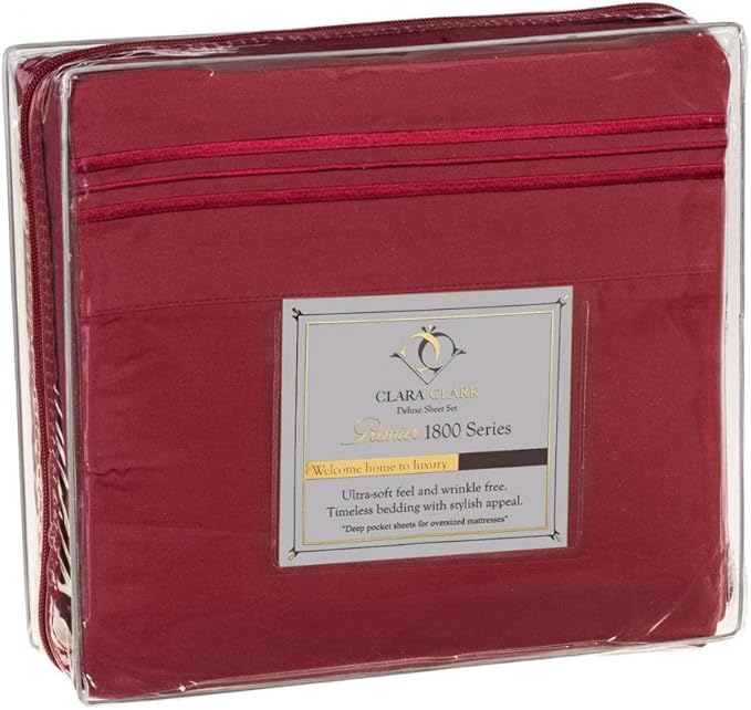 Clara Clark 1800 Series Bed Sheet Sets - Stay fit on Mattress with Elastic Straps at Corners - Full (Double), Burgundy Red