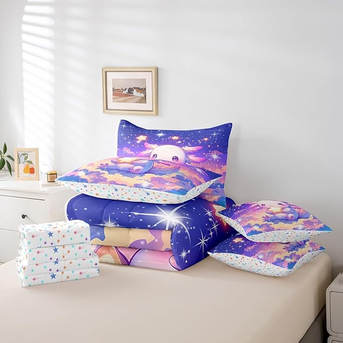 Feelyou Kids Cute Axolotl Bed in A Bag King Size, Galaxy 7 Pieces Bedding Set Boys Girls Cartoon Salamander Comforter Set with Sheets Kawaii Animal Teens Bed Set Bedroom Decor 7Pcs
