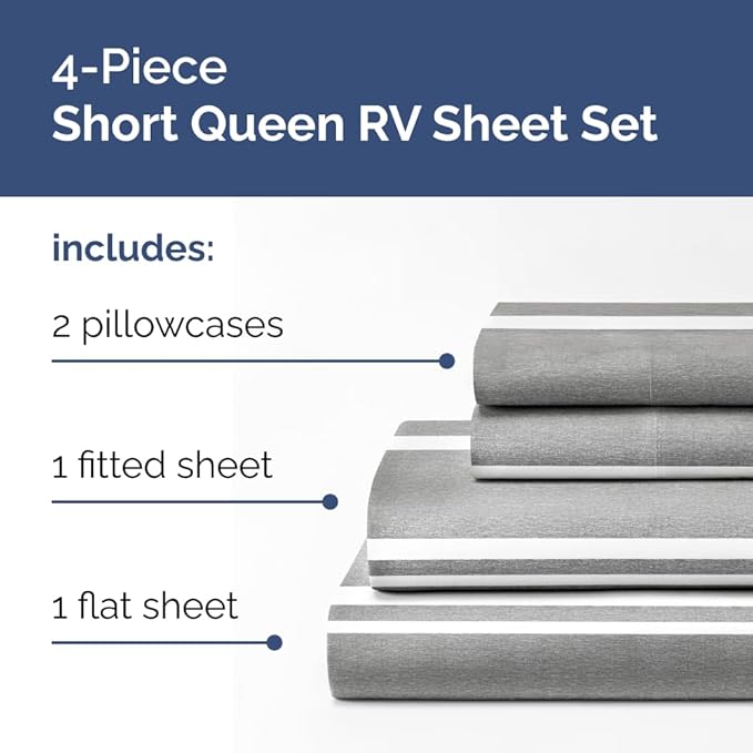Short Queen Size 4 Piece Sheet Set - RV Short Queen, Soft, Breathable & Cooling Bed Sheets Set w/ Deep Pockets - Hotel Luxury Bedding for Women, Men, Kids, Teens, Boys & Girls, Oeko-Tex - Grey Stripes