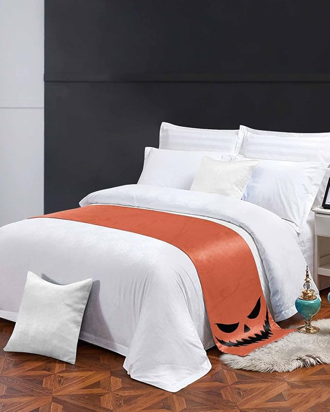 Halloween Black Ghost Scary Face Bed Runners for Bedroom Hotel,Decorative Bedding Scarf Horror Element on Orange Bed End Blanket Bedding Runner Scarves for King Size Bed,102x20in