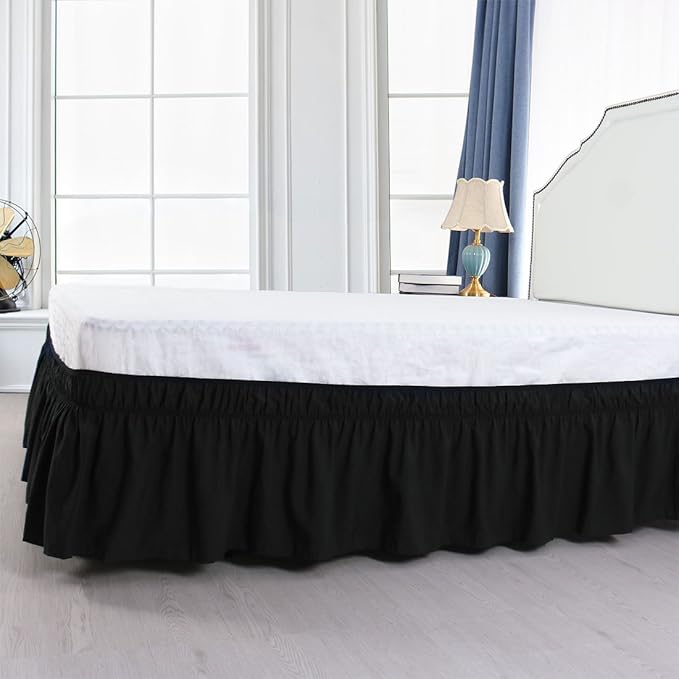 Bed Skirt - Wrap Around Bed Skirts Elastic Dust Ruffles, Easy Fit Wrinkle and Fade Resistant Luxurious Fabric Solid Color, Black California King Size Beds 15 Inch Drop