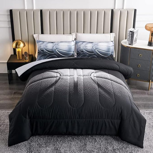 Teen Boy Comforter Set Queen,Basketball Bedding Set for Kids Boys Teens,Black and Grey Sports Comforter Queen with 2 Pillowcases,Basketball Comforters Queen Size for Boys,All Season Use