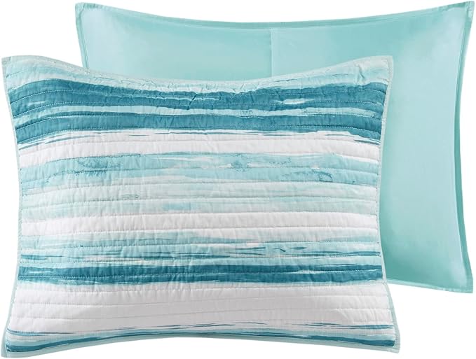 Madison Park Quilt Set Cottage Coastal Design, 6 Piece Set - All Season, Coverlet Bedspread Lightweight Bedding Layer, Shams, Toss Pillows, Full/Queen(90 in x 90 in), Aqua/White
