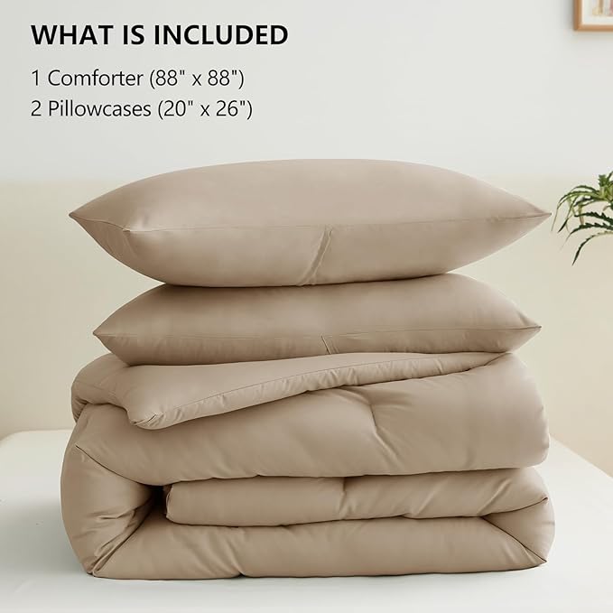 CozyLux Queen Comforter Set Taupe, 3 Pieces Solid Breathable Quilted Style Bedding Sets for All Season, Luxury Soft Microfiber Down Alternative Comforter Bet Set (1 Comforter & 2 Pillowcases)