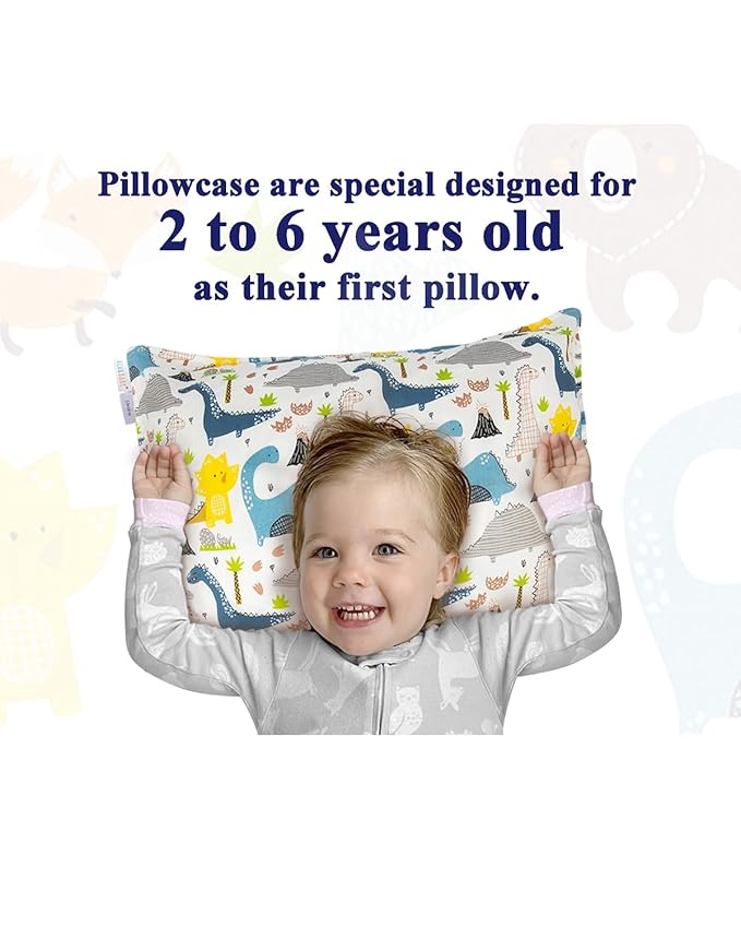 ALVABABY Toddler Pillowcases 2 Pack Organic Cotton Kids Pillow Cover Fit 13"x 18" or 12"x16" Envelope for Girl Boy Sleepy Travel Dinosaur Bear(Pillowcase Only)