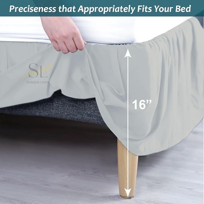 Shreem Linen Ruffled Bed Skirt with Split Corners, Gathered Style, 100% Microfiber, 16-Inch Drop, Dust Ruffle Bedskirt with Platform, King, Light Grey