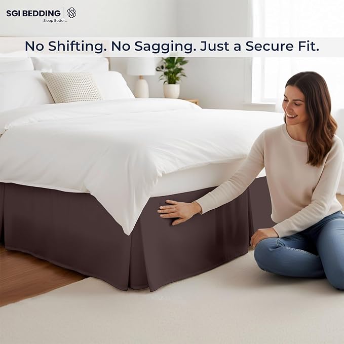 SGI bedding 21 inch Drop Bed Skirt King Size - Platform Style with Secure Fit, Classic Tailored Look, Elegant Pleated Style Dust Ruffle, Split Corners, Wrinkle Resistant Microfiber - Chocolate