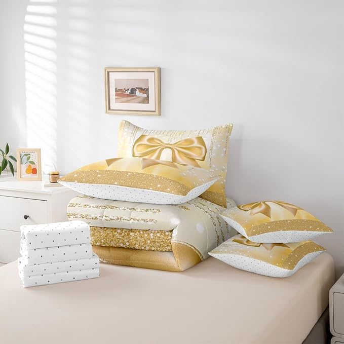 Feelyou Bowknot Comforter Set with Sheets 7 Piece Full Size Dreamy Princess Bed in a Bag Kids Boys Girls Glitter Bedding Set Cute Bow Bedroom Decor Breathable Soft Lightweight Microfiber