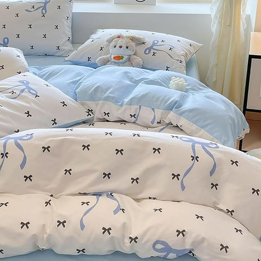 Nayoroom Blue Bow Duvet Cover Queen Size Reversible Blue Duvet Cover 3 Pieces Soft Lightweight Microfiber Kids Girls Cute Aesthetic Dorm Bedding Set