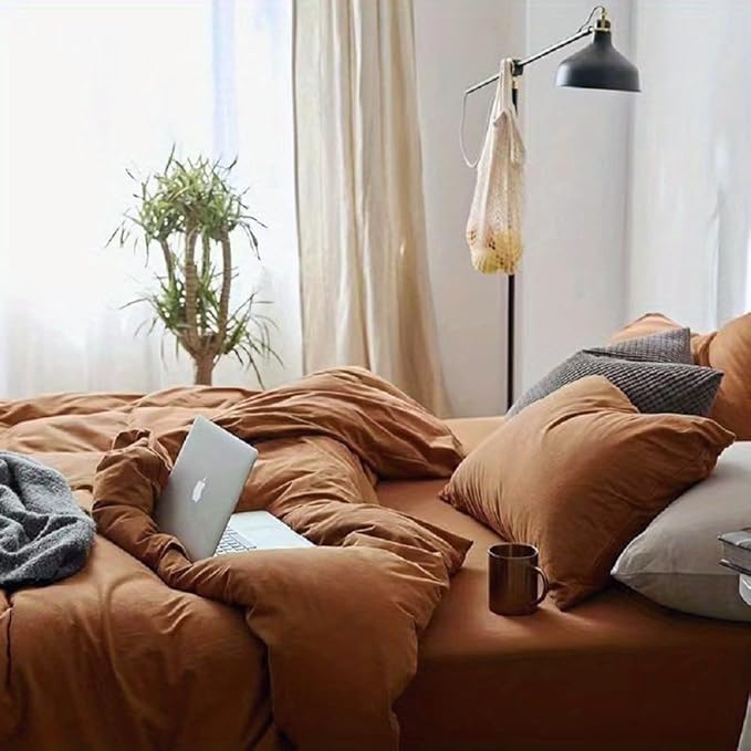 LifeTB Jersey Knit Duvet Cover Terracotta Burnt Orange Duvet Cover Set King Comfy 100% T-Shirt Cotton Caramel Bedding Set Pumpkin Rust Color Comforter Cover Boho Farmhouse Terracotta Duvet Cover King