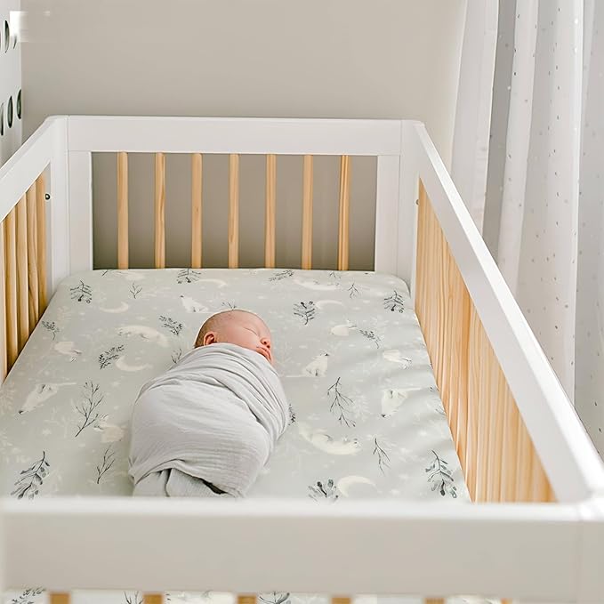 Stretchy Ultra Soft Jersey Knit Fitted Crib Sheets Set 2 Pack，Fit All Standard Crib Mattress Pads Safe and Snug, Stylish Pattren of Bear and Wolf Print