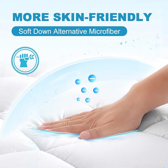 Full Mattress Pad Cover Pillow Top with Stretches to 18” Deep Pocket Fits Up to 8”-21” Cooling White Bed Topper (Down Alternative, Full Size)