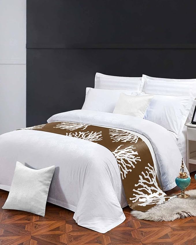 Coral Brown Bed Runner Scarf for Cal King Size Bed Foot,Decorative Bedding Accessory Stainproof & Dustproof Soft Protector For Bedroom Wedding Room White Coastal Ocean Marine Nautical Beach 102"x20"
