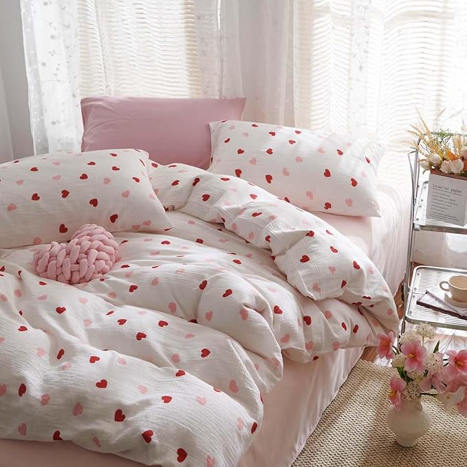 Nayoroom Heart Duvet Cover Full Size Red Pink Hearts Printed on White Coquette Bedding Set for Kids Girls 3 Pcs Soft Breathable Microfiber Comforter Cover with Zipper Closure