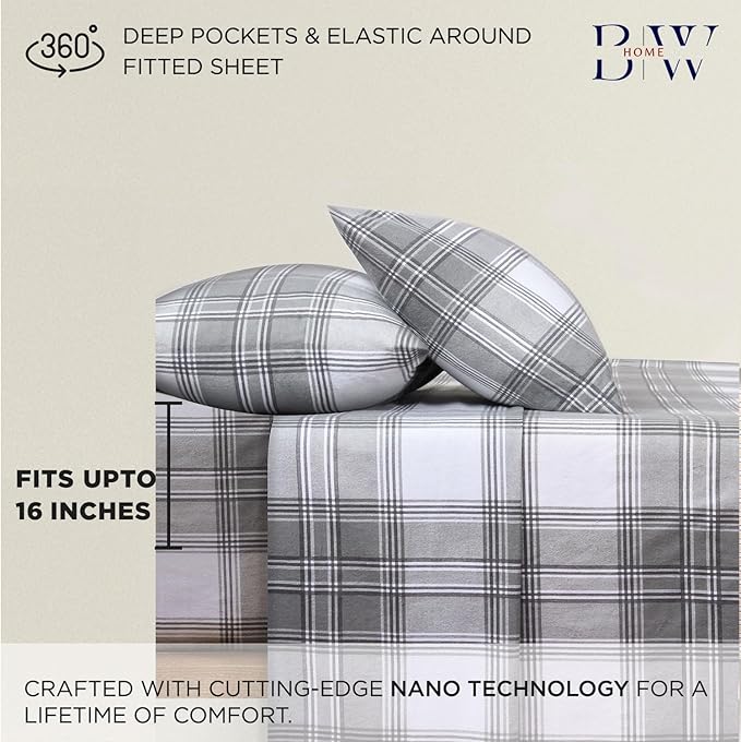 Briarwood Home® Printed Flannel Sheet Set, 100% Natural Cotton, Soft, Warm & Deep Pocket, Advanced Nano-Tech Making it Resistance to Pilling; Brushed 6 Times for Softness (Grey Plaid, Queen)