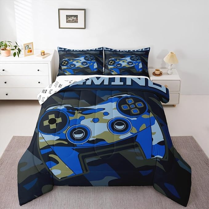 Boys Gaming Comforter Set Full Size Teens Gamer Bedding Set Retro Blue Camouflage Video Game Controller Comforter for Kids Youth Bedroom Decor Gamer Console Action Buttons Duvet Set Microfiber
