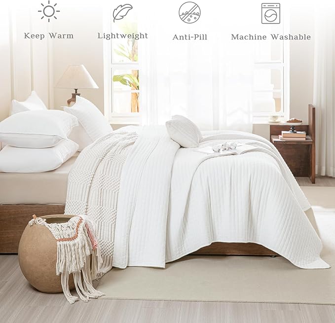 CozyTide Oversized King Bedspread 128"x120",Stone-Washed Cotton White Oversized King Quilt Bedding Set,Soft Lightweight Extra Large Farmhouse Boho Bedspread & Coverlet Sets 3 Pieces