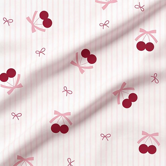 Nayoroom Pink Striped Bow Duvet Cover Queen Size Red Cherry Duvet Cover 3 Pieces Soft Lightweight Microfiber Girls Cute Aesthetic Dorm Bedding Set with Zipper Closure